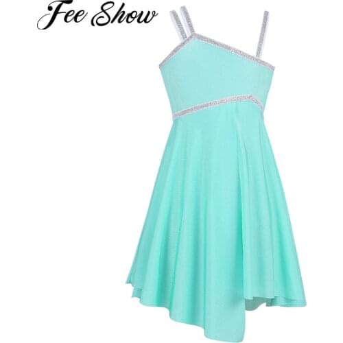 Teen Girls Asymmetrical Shoulder Straps Shiny Ballet Dance Tutu Dress Gymnastics Leotard Dress Latin Stage Performance Costumes