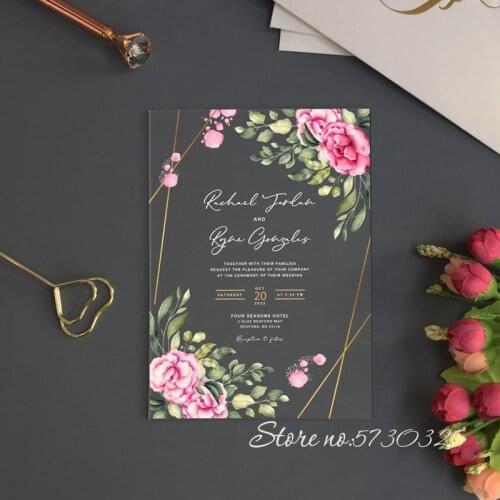 Free Shipping Acrylic Invitation Pink Floral Clear Acrylic Invites Convites de Casamento Acrylic Wedding Cards Personalized Card
