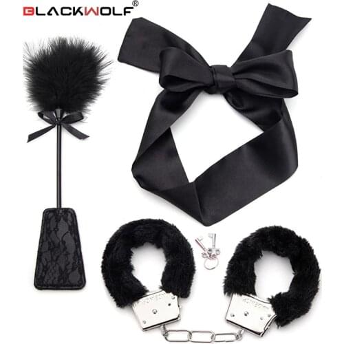 BLACKWOLF 3Pcs Slave Bondage Set BDSM Kits Handcuffs Eyepatch Blindfold Tissel Paddle Sex Games Erotic Adult Sex Toys For Women