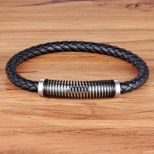 TYO Stitching Combination Spring Pattern Black Color Genuine Leather Bracelet & Bangle For Men Fashion Fine Jewelry Party Gift