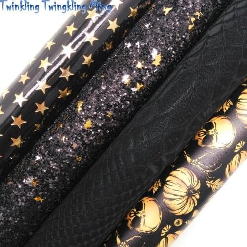 Black Glitter leather, Stars Embossed Synthetic Leather Faux Fabric Sheet For Bow 21x29CM Twinkling Ming KM346