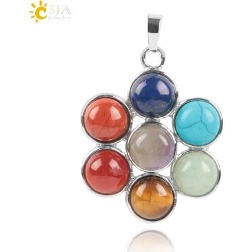 CSJA 2pcs New Arrival Flower of Life Pendant 7 Chakra Stone Yoga Symbol Reiki Health Amulet Natural Stone Necklace Pendant E030
