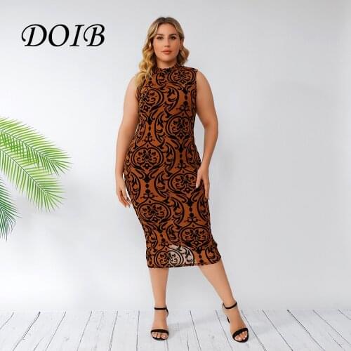 DOIB Women Vintage Floral Print Dress Plus Size Round Neck Sleeveless Split Dress 2021 Summer Office Lady Dress