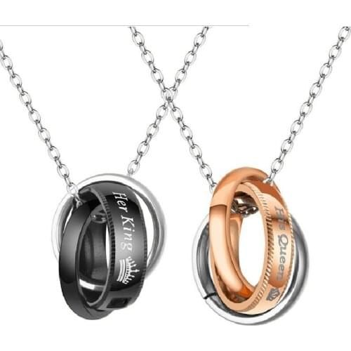 Exquisite Her King&His Queen Three Rings Pendants High-quality Stainless Steel Rose Gold/Black Necklaces For Lover Romantic Gift
