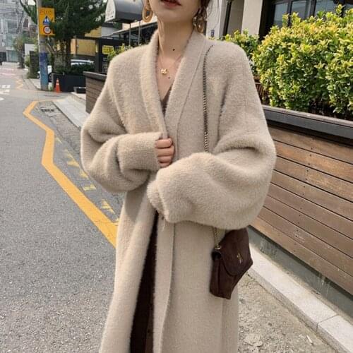 Lugentolo Cardigan Women Mid-length Sweater Coat In Imitation Mink Velvet Korean Fashion Loose Long Cardigans