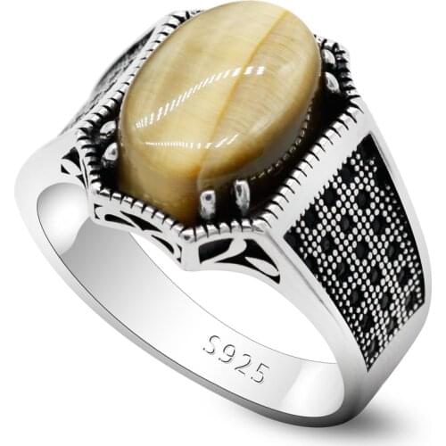 Natural stone ring mens 925 sterling silver gold tiger eye stone vice stone spinel antique hold lucky ring womens mens Turkis