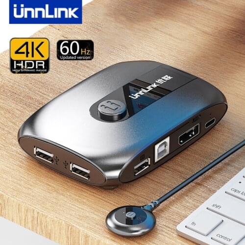Unnlink 2 Ports DP KVM Switch Displayport with Extender 4K60 USB Share Monitor Printer Keyboard Mouse for 2 pc computers laptops