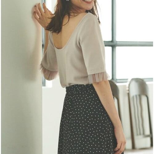 Japan Style Sweet Mesh Patchwork Half Sleeve Pullovers Elegant V-neck Slim Solid Knitted Tops 2021 Chic Backless Summer Sweater