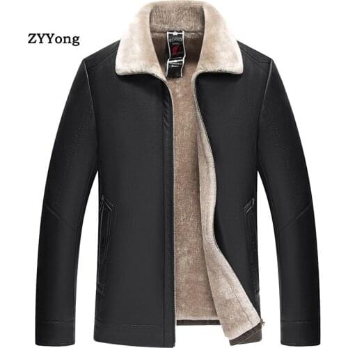 Winter Leather Jacket Men Coat Fleece Parka Overcoat Plus Velvet Warm Fur Collar Large Size Comfortable Soft PU Black Outwear