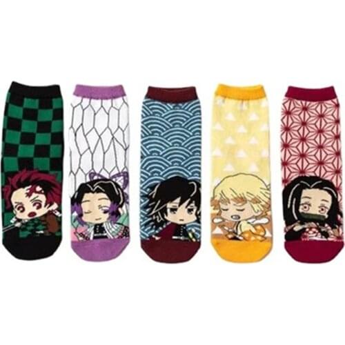 5 Pairs Demon Slayer Kimetsu No Yaiba Sock Cosplay Tanjirou Nezuko Cartoons Anime Middle Tube Socks Cotton Socks Halloween