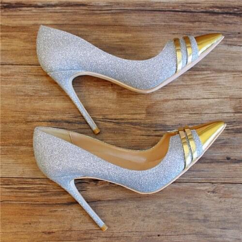 2021 spring new silver sequined crystal wedding shoes shallow mouth pointed toe stiletto soft leather female party dress shoes