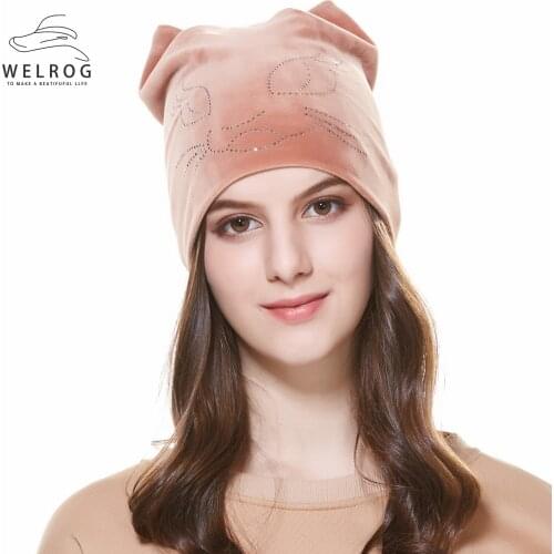WELROG Solid Cat Ears Warm Skullies Hats Iron Drilling Beads Cats Pattern Ear Protected Women Hat Autumn Winter Headwear