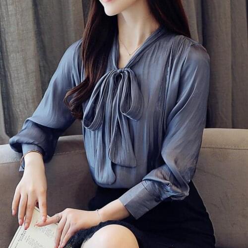Autumn Spring Office Lady Fashion Women Blue White Full Sleeve Bow Chiffon Blouse , Casual Woman Xxl V Neck Slim Pleated Blouses
