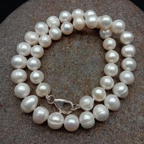 YYGEM natural Real Cultured White Potato Shape Pearl 10-11mm Necklace 925 Silver Clasp
