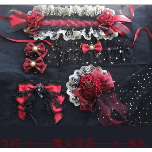 Gothic Style Handmade Black Red Hairband Hair Ribbon Necktie Hairpin Necklace Neckband Sleeves Bow Lolita Original Design