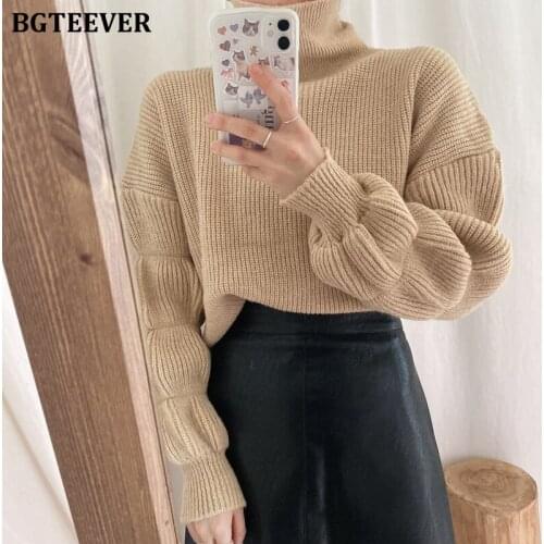 BGTEEVER Stylish Turtleneck Sweaters for Women Elegant Puff Sleeve Loose Female Knitted Jumpers 2021 Autumn Ladies Knit Tops