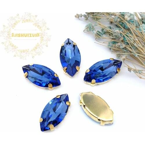 Classic style Light Sapphire horse eye shape Glass Crystal sew on rhinestones with gold claw Diy shose accessories Free shipping