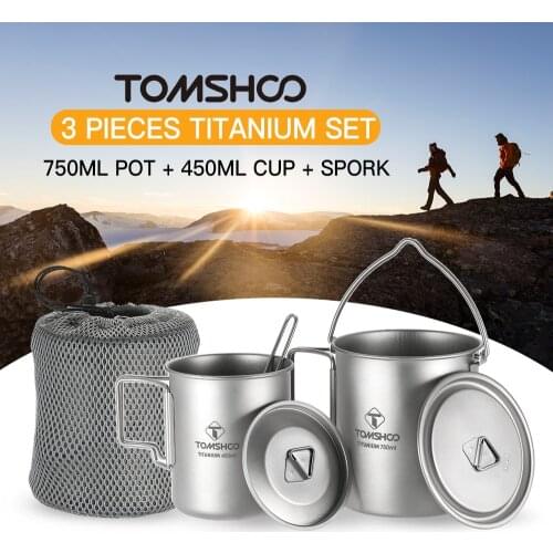 TOMSHOO Titanium 3 PCS 750ml Pot 450ml Water Cup Mug with Lid Collapsible Handle Folding Spork for Outdoor Camping Hiking