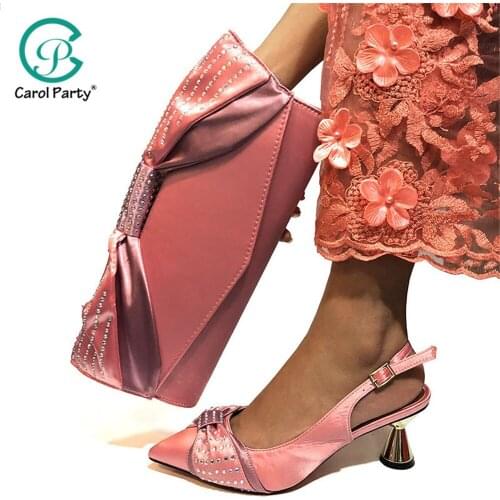 Decorated With artificial Rhinestone Shoes And Bag Set African Design Matching Shoes And Bag Set Mid heel shoes in Pink color