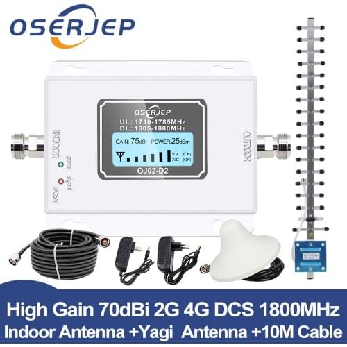 GSM LTE 1800 LCD 70dB 2g 4g Cell Phone Signal Repeater DCS 1800MHz Mobile Amplifier GSM Signal Booster + Yagi /Ceiling Antenna