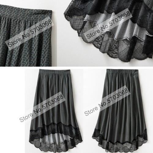 Women 100% Viscose Letter Printed Lace Patchwork Asymmetric Midi Skirt