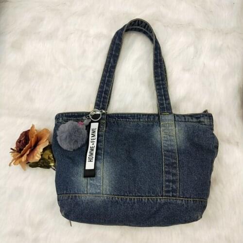 Casual Fashion Zipper Design Denim Applique Pocket Vintage Women Tote Bags Lady Handbags Jeans Denim Shoulder Bag Messenger bags