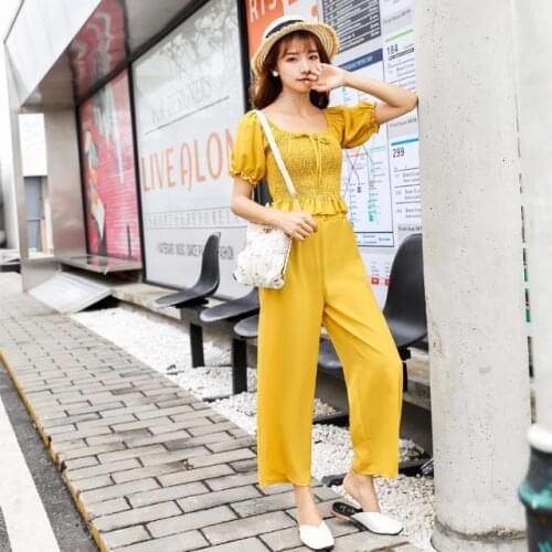 Summer Solid Color Two Piece Sets Women Slim Crop Blouses Top and Wide Leg Pants Suits Elegant Fashion Sweet Ladies Outfits Q148