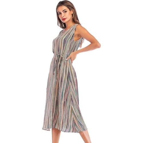 Womens Elegant Fashion Chiffon Dress Sleeveless Striped Lace Up Vest Dresses 2021 Summer Clothes Holiday Office Ladies Dress