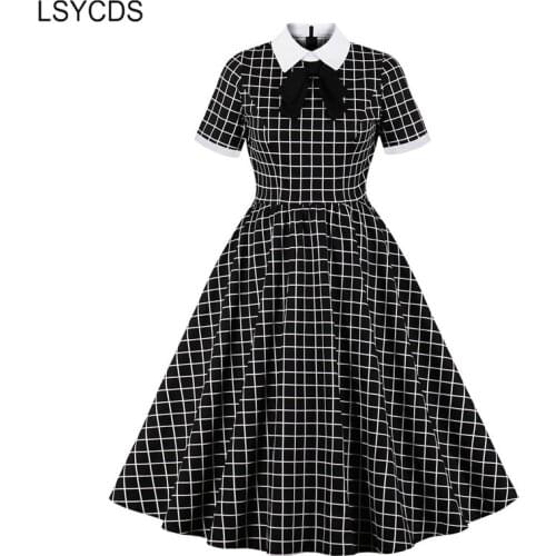LSYCDS Elegant Plaid Dress Peter Pan Collar Robe Cotton Dresses for Women 2021 Party Causal 50s 60S Vintage A-Line Women Dress