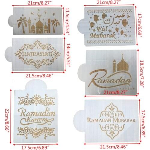6Pcs/Set Eid Mubarak Ramadan Coffee Flower Spray Stencils Cake Decorating DIY Template Sugar Powder Sieve