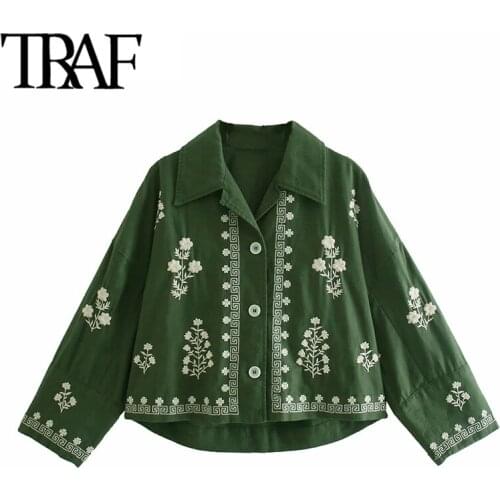 TRAF Women Fashion Floral Embroidery Loose Linen Blouses Vintage Long Sleeve Button-up Female Shirts Blusas Chic Tops