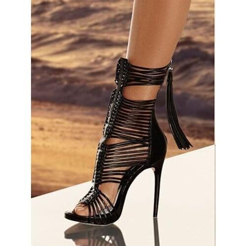 Gorgeous High Heels Rome Black Hollow Sandals Thin High Heel Open Toe Cut Out Gladiator Women Dress Runway Shoes