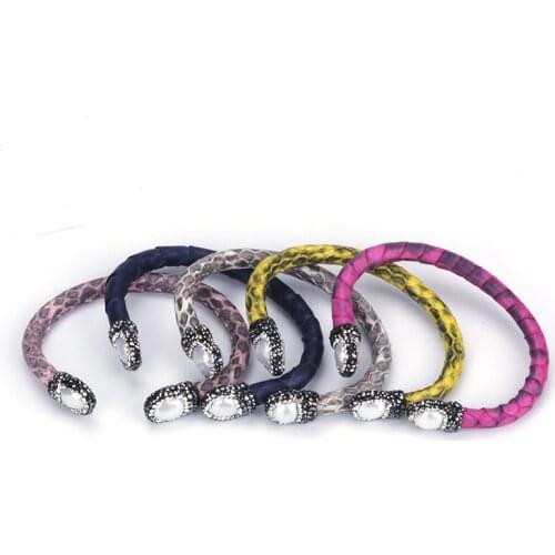 KEJIALAI Handmade Irragular Freshwater Pearl Rhinestone Charm Jewelry Multicolor Real Leather Wrap Open Bracelet Cuff Bangle