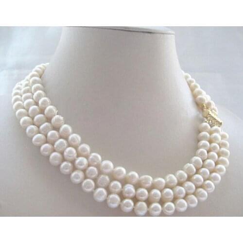 Exclusive design Fine Jewelry 17-19" 8-9mm 3row natural white freshwater pearl necklace clasp
