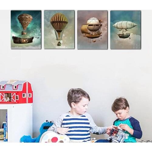Canvas Wall Art Hot Air Balloon Starry Space Steampunk Airship Picture Poster for Boys Living Room Nursery Decor Drop Shipping