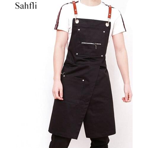 Black Canvas Men and Women Sleeveless Apron Cafe Roasting Overalls Open Leg Design with Pockets and Shoulder Hanging Neck Design