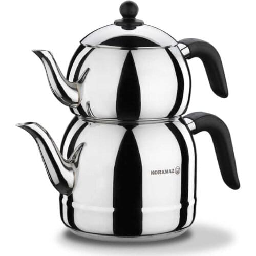 Korkmaz Retro 18/10 Ci/Ni Stainless Steel Teapot Set, Black Handles, Top Pot 1.1 Lt, Bottom Kettle 2.5 Lt