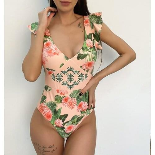 Swimsuit Women Swimwear 2021 Push Up Bikini Sexy Swimming Suit Floral V-neck Printed Sling Strapless One-piece Bodysuit Monokini
