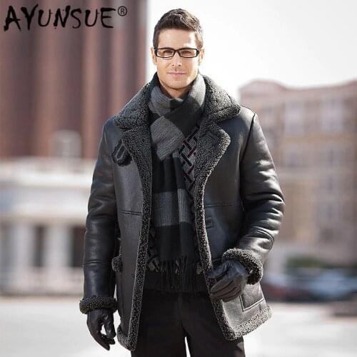 AYUNSUE Winter Genuine Leather Jacket Men Natural Sheep Fur Coat Mens Shearling Jacket Sheepskin Leather Coats ST14A2508 KJ3629