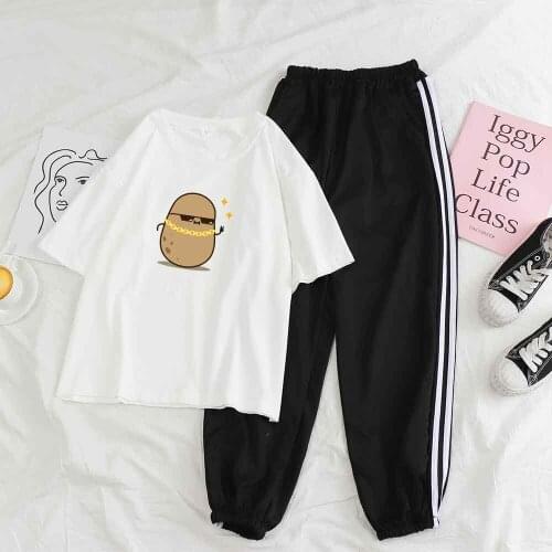 Summer Two Piece Pajama Set Women Korean Glasses Potato Print Short Sleeve Crop Top Sleepwear Women Cute Cute Cartoons Home Suit