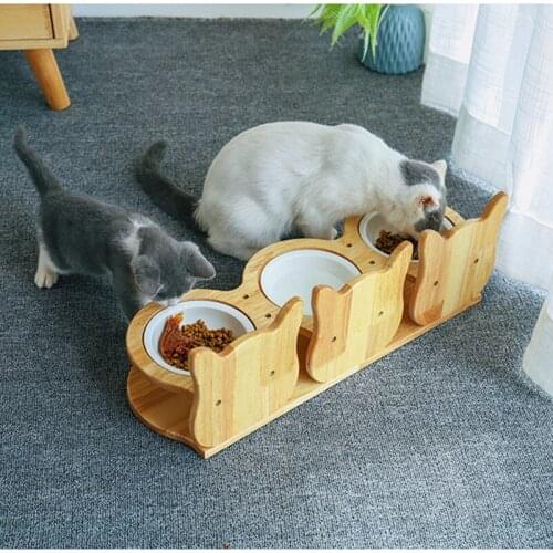 Cute Wooden Cat Ear Cat Bowl Ceramic Bowl Protect Cervical Spine Cat Feeding Drinking Basin Stand Dog Bowl Pet Dining Table