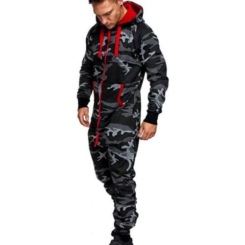 Dropshipping Men One Piece Sets 2020 New Spring New Mens Hooded Fleece Jumpsuit Camouflage Print Personality Casual Suit Men