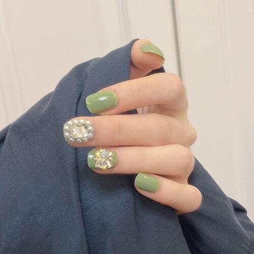 24PCS Set Jelly Gel Acrylic Green Fake Finger Nail with Designs Summer Short Square Stick on Nails JP1684-B3