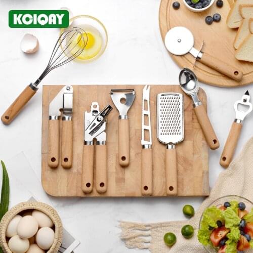 Wooden Handle Kitchen Gadget Sets Can Opener Pizza Cutter Knife Cheese Grater Garlic Press Stainless Steel Baking Accessories