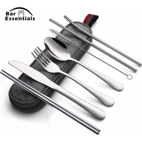 8Pcs/set Tableware Reusable Travel Cutlery Set Camp Utensils Set with stainless steel Spoon Fork Chopsticks Straw Portable case