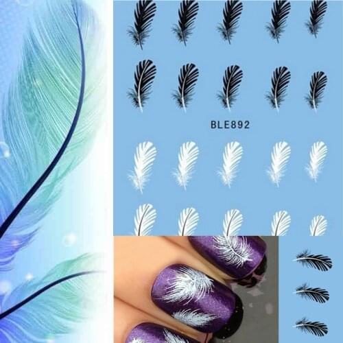 20Pcs/Sheet Black White Feather Nail Art Decals Water Transfer Nail Art Stickers Tips Feather Decals Nail Art Wrap Decoration