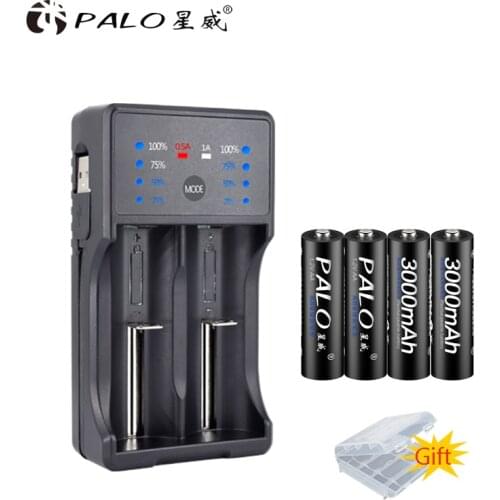 PALO NEW 4pcs AA Battery AA Ni-mh Rechargeable Battery 1.2v Nimh Battery with Led Indicator Charger for AA AAA Battery Batteries