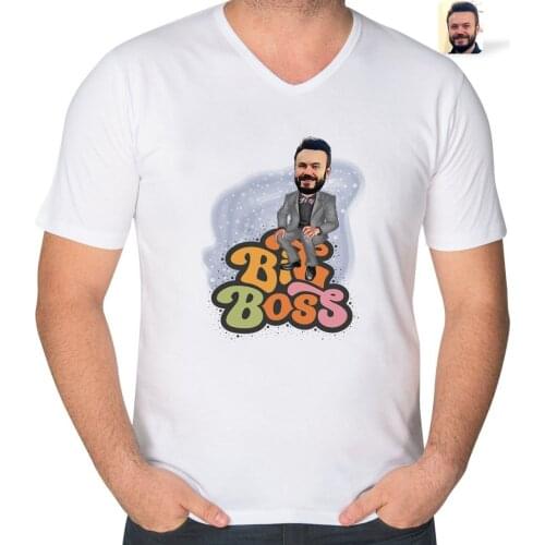 Personalized Men 'S Big Boss Caricature OF V Collar Tişört-3