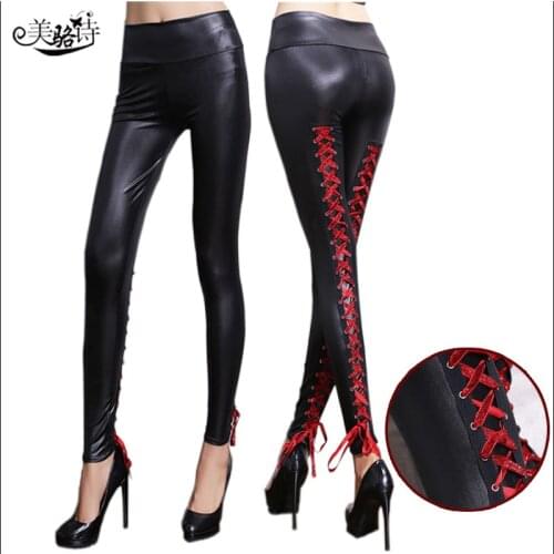 Legins Punk Gothic Fashion Women Leggings Sexy PU Leather Stitching Embroidery Hollow Lace Legging For Women Pants LS0038