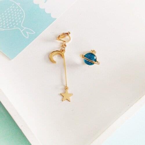 Blue Planet Clip Earrings Without Piercing Stud Long Chain Moon Star Dangle Clip On Earrings Asymmetrical Unique For Men Women